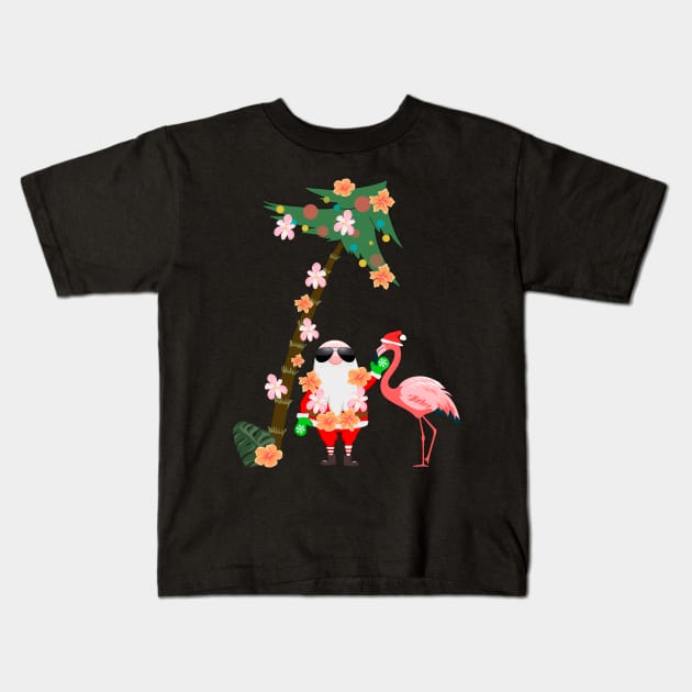 Santa Flamingo Palm Tree Funny Floral Retro Hawaii Christmas Kids T-Shirt by Ai Wanderer